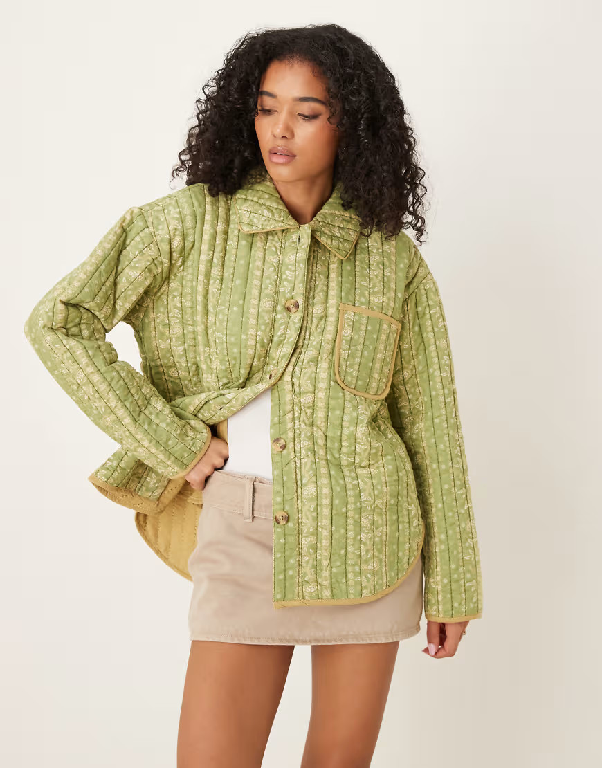 Free People Alexie quilted jacket in olive-White | ASOS (Global)