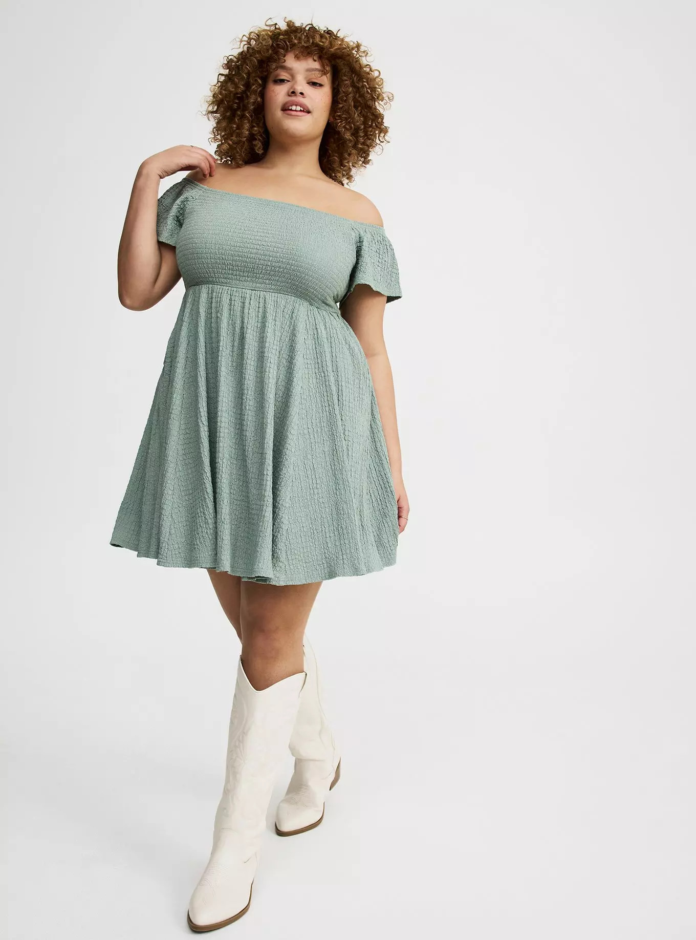 Smocked Skater Off-Shoulder Mini Dress | Torrid (US & Canada)