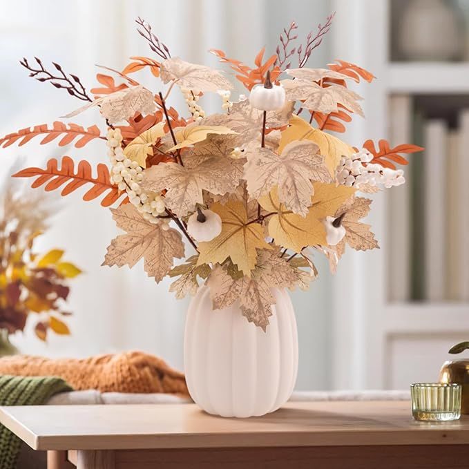 Fall Decor - Ceramic Pumpkin Vase with 15 PCS Autumn Maple Leaf Pumpkin Berry Stems - Table Cente... | Amazon (US)