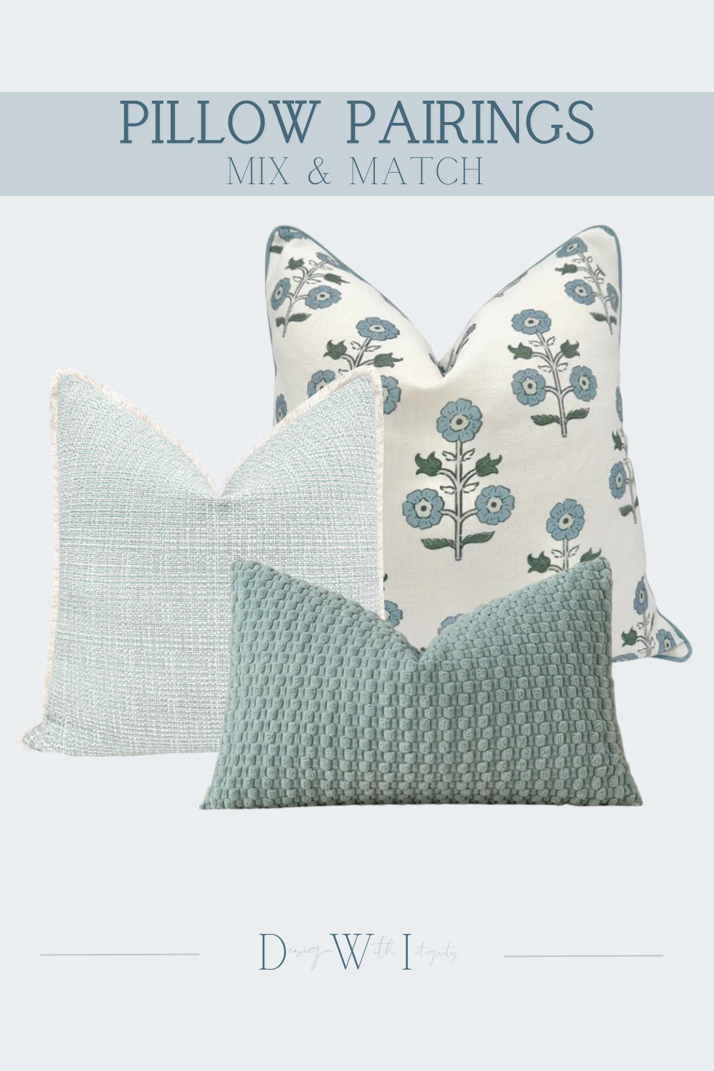 This pillow pairing blends soft blue greens with warm ivory for a palette that feels calm, layered, and timeless. The delicate floral print introduces a graceful focal point, while the woven solid adds subtle texture and structure. A textured lumbar in a coordinating sage tone grounds the arrangement and creates depth through material contrast.

What makes this combination work is the thoughtful balance of pattern and texture. The floral motif provides movement and visual interest, the woven solid keeps the palette refined and quiet, and the dimensional lumbar adds tactile richness that elevates the entire arrangement.

Together, these pillows create a relaxed yet polished composition that works beautifully in coastal, transitional, or modern classic interiors.

Shop the curated pillow pairing to bring this layered designer look into your living room or bedroom.

#PillowPairings #BlueGreenDecor #LayeredInteriors #InteriorStyling #TexturedHomeDecor 

 #LTKHome