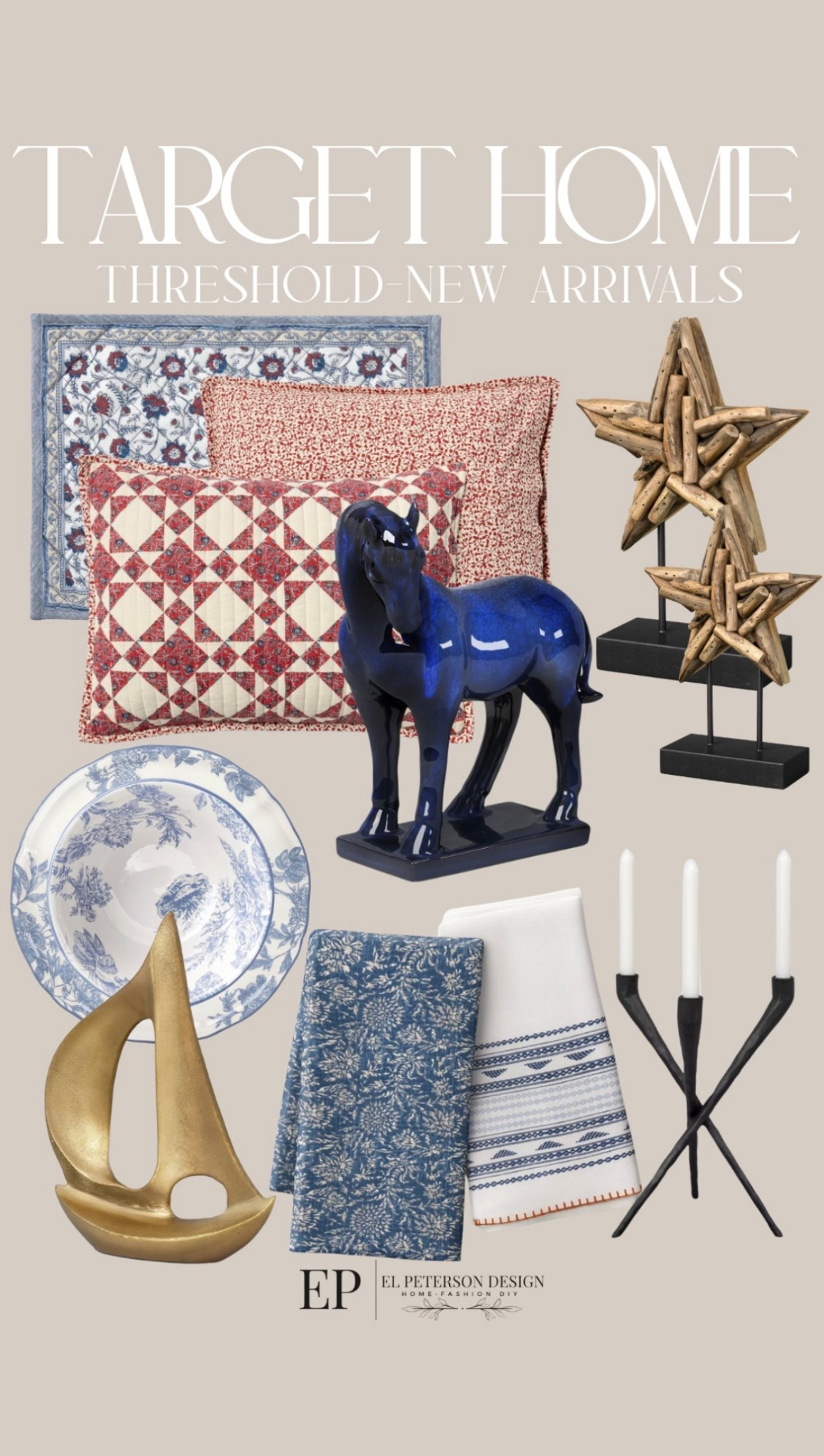 Target 
Threshold New arrivals
Pillows 
Candle holder
Plates
Bowls
Horse figurine
Stars 
Napkin
Brass boat 

#LTKHome