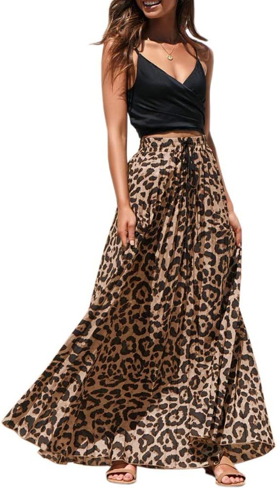 Womens Maxi Skirt Leopard Print Chiffon Beach Pleated High Waisted A-Line Long Skirts | Amazon (US)