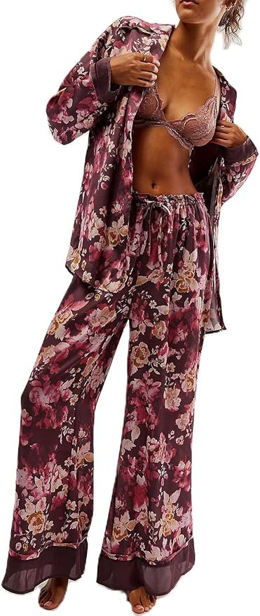 Womens Retro Floral Silk Cowgirl Pjs Satin Cute Wide Leg Pajama Pants Sets Girly Western Pajamas ... | Amazon (US)