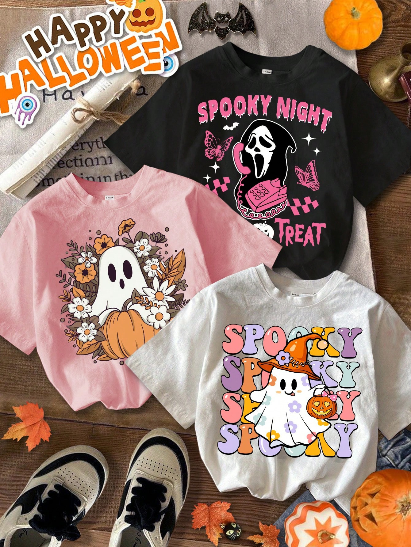 SHEIN 3pcs Girls Casual Cute Ghost, Pumpkin, Colorful Spooky Letter Graphic White, Black, Light P... | SHEIN