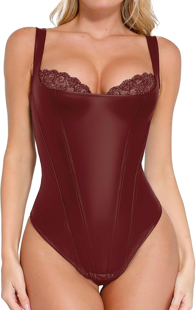 Popilush Leather Corset Tops for Women - Tummy Control Lace Shapewear Body Suits Thong Body Shape... | Amazon (US)