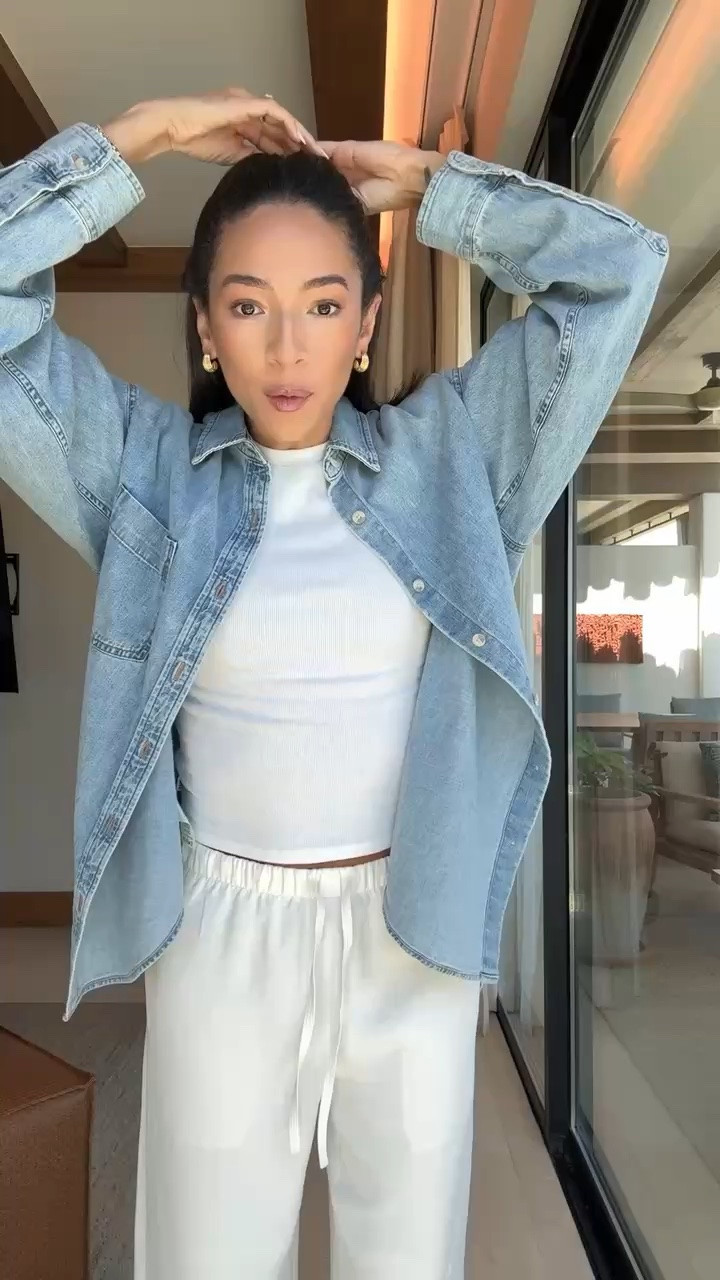 Travel outfit on SALE ✈️ Wearing size S tee, S denim shirt and size S in wrinkle free pants - color: Light Birch 

airport outfit, white pants, travel pants, denim shirt, comfy outfit, work from home outfit, mom outfit, postpartum outfit
