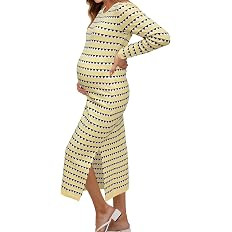 OUGES Women's 2025 Summer Maternity Dress Knit Sleeveless Crewneck Midi Dress Side Slit Striped B... | Amazon (US)