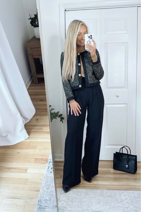 Business casual outfit with boots
Tweed jacket
Black wide leg trousers 

#LTKworkwear