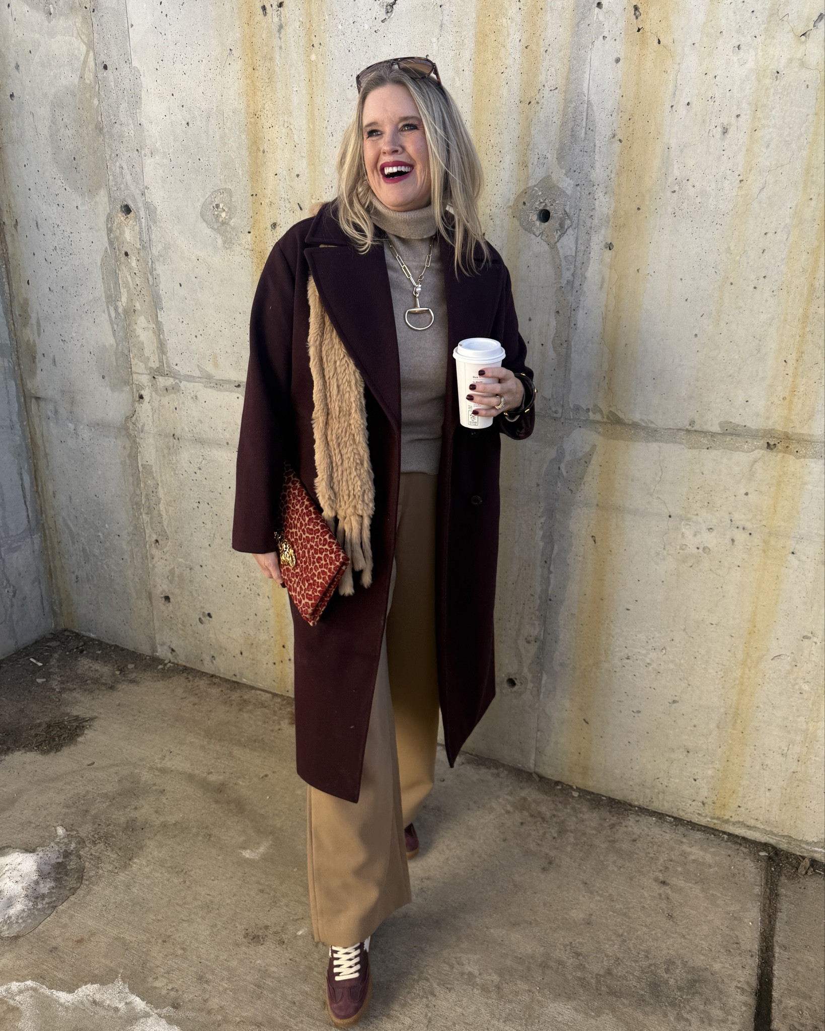 Winter outfit inspiration✔️

Color combo 
Wine and camel ✔️

Abercrombie & finch trouser fit tts 

Camel colored ribbed  turtleneck 
Tts 

Wine colored long coat double breasted  fit tts 

Rabbit fur scarf linked similar 

Dolce vita wine suede tennis shoes  on sale 

Amazon find sunglasses pack of two  under $17 Tom Ford inspired by

Handmade Horse-bit necklace 
Comes in gold or silver 

Handmade clutch by coastal clutch NY available online & on Instagram 


#LTKWorkwear #LTKSaleAlert #LTKOver40