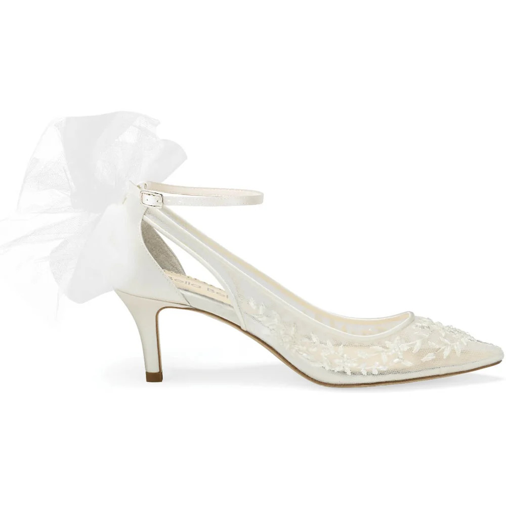 Lace Kitten Heel Wedding Shoes with Removable Tulle Bows and Ankle Straps | Bella Belle Shoes