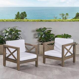 Brava Grey Removable Cushions Wood Outdoor Lounge Chair with White Cushion (2-Pack) | The Home Depot