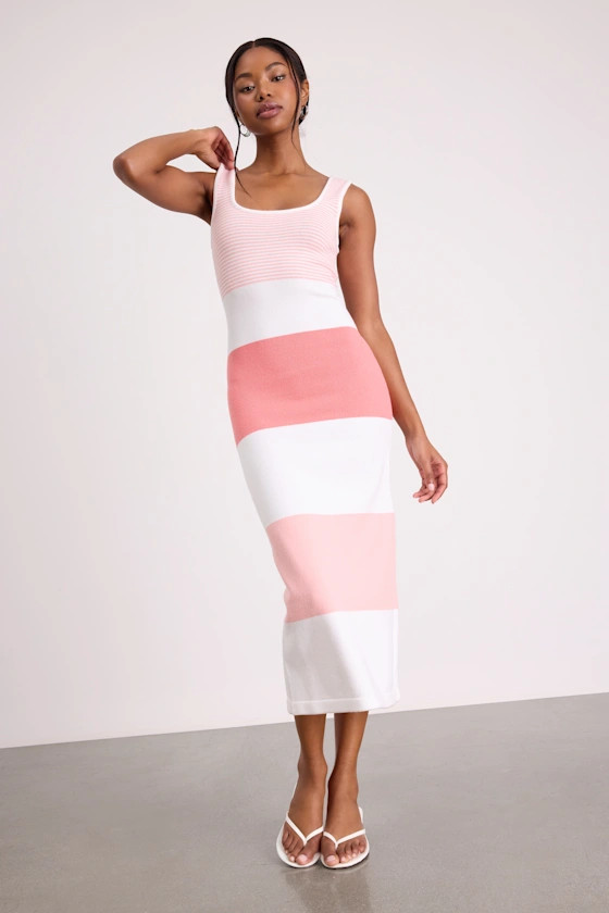 Easily Gorgeous Ivory and Pink Striped Midi Sweater Dress | Lulus