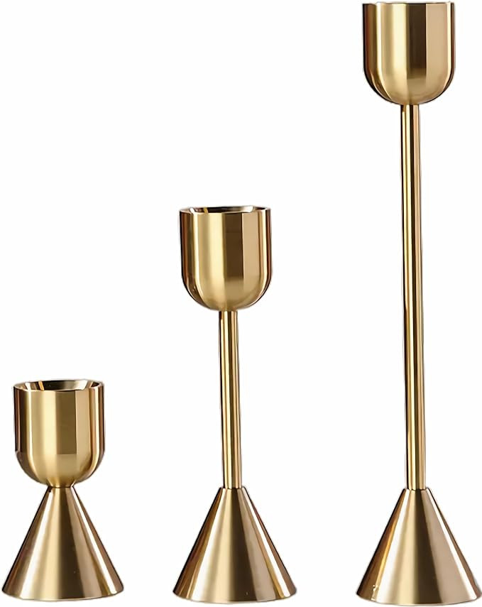 Brass Gold Candlestick Holder,Taper Candle Holders,Set of 3 Candle Stick Holders,Vintage Modern D... | Amazon (US)