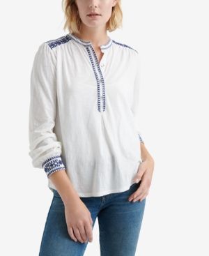 Lucky Brand Cotton Embroidered-Trim Henley Top | Macys (US)