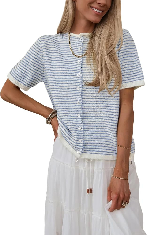 SCUSTY Women's Short Sleeve Striped Knit Cardigan Summer Casual Button Down Lightweight Sweaters | Amazon (US)