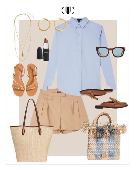 Linen shorts, poplin shirt, button-up shirt, loafers, slides, tote, sandals, mini tote, sunglasses, spring outfit, summer outfit, travel outfit, casual outfit, summer look

#LTKshoecrush #LTKstyletip #LTKover40