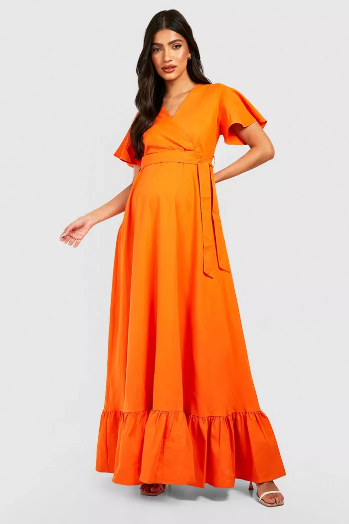 Maternity Wrap Frill Hem Maxi Dress | boohoo (US & Canada)