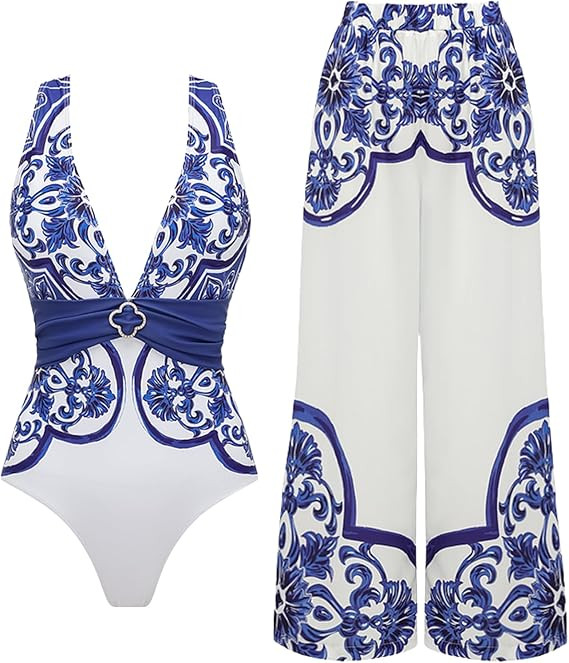 FLAXMAKER Women's One Piece V Neck Classic Majolica Series Pattern Crisscross Back One Piece Swim... | Amazon (US)