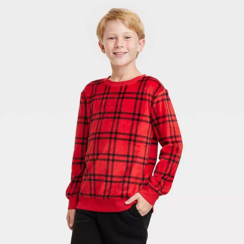Boys' Microfleece Plaid Crewneck Sweatshirt - Cat & Jack™ Red | Target