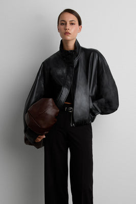 VEGAN LEATHER FUNNEL NECK JACKET Black / Large | OAK + FORT