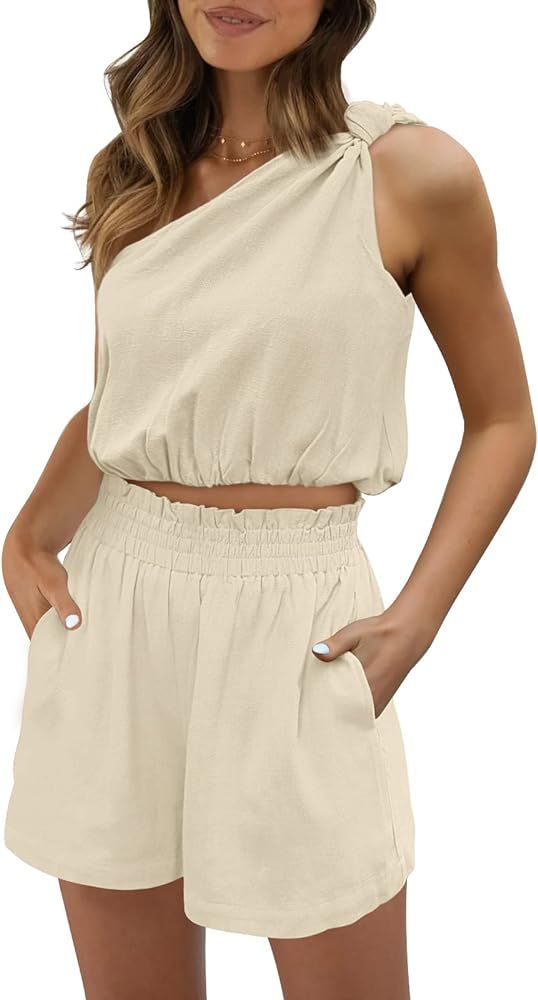 AUTOMET Womens 2 Piece Outfits Linen Matching Sets Two Piece Lounge Shorts Boho Crop Tops 2023 Be... | Amazon (US)