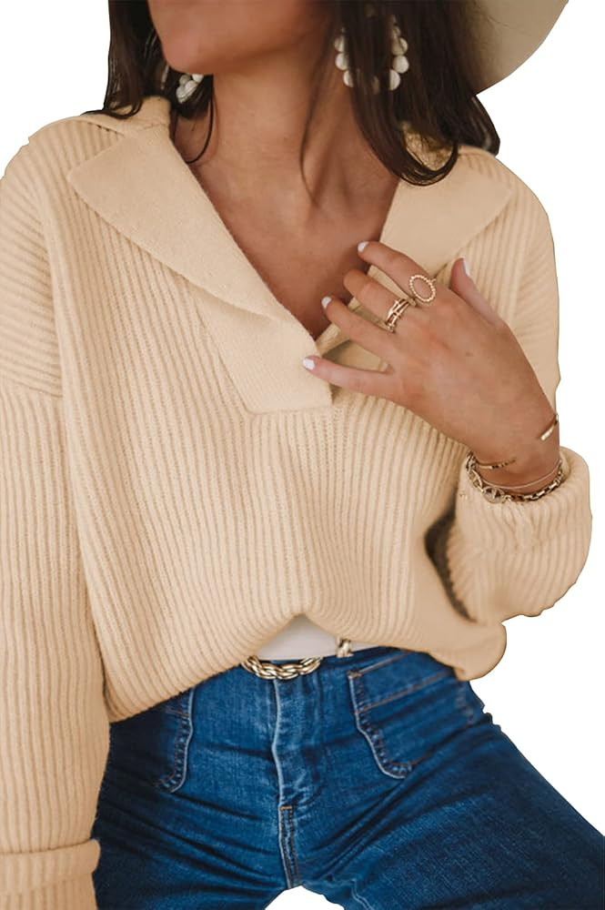 BTFBM Women Long Sleeve V Neck Fashion Sweater Solid Color Ribbed Knit Foldover Collar Pullover C... | Amazon (US)