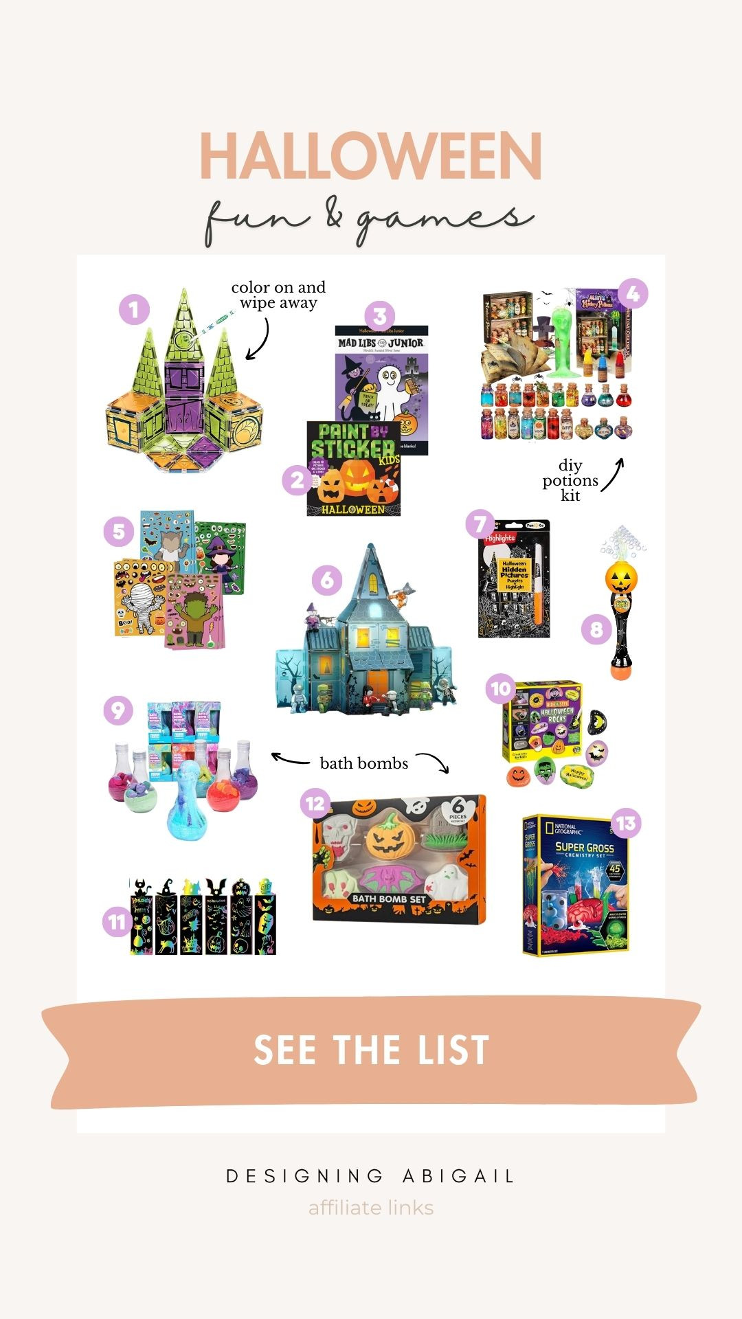 These games and activities are AWESOME. I’m totally obsessed with the Magnatiles that you can draw on and that already come looking like a spooky scene! Anytime I can get my kiddo to do something science-y I’m all in - there are THREE Halloween themed kits that are 10/10. Check out the whole list on my Amazon storefront (designingabigail) > “Halloween fun for kids” folderr

Kids, boo bag, Halloween bag, gift box, kids activities, activity, kid, book, seasonal, pajamas, tshirt, tshirts, boys clothes, girls clothes, 8, 9, 10, 7, 6, 5, 4, year old, elementary school, elementary age, glow in the dark, Halloween candy, bath bombs, chemistry, diy, craft, water bottle, cups, color changing, scratch art, Halloween mask, paint by numbers, sticker book, Halloween sticker, ghost tee, gift bag, learning 

#LTKKids #LTKSeasonal #LTKFindsUnder50