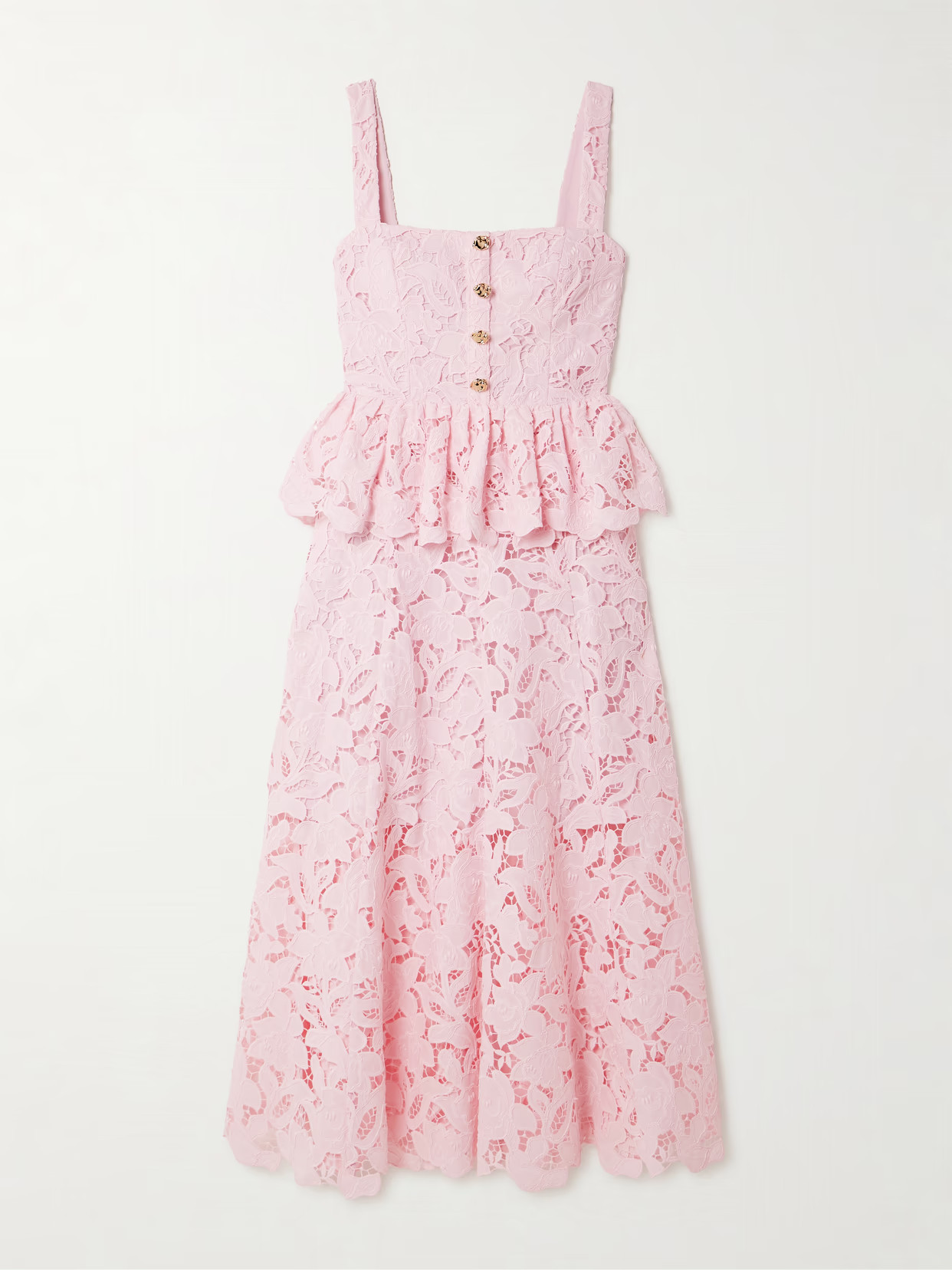 Self-Portrait - Guipure Lace Peplum Midi Dress - Pink | NET-A-PORTER (US)
