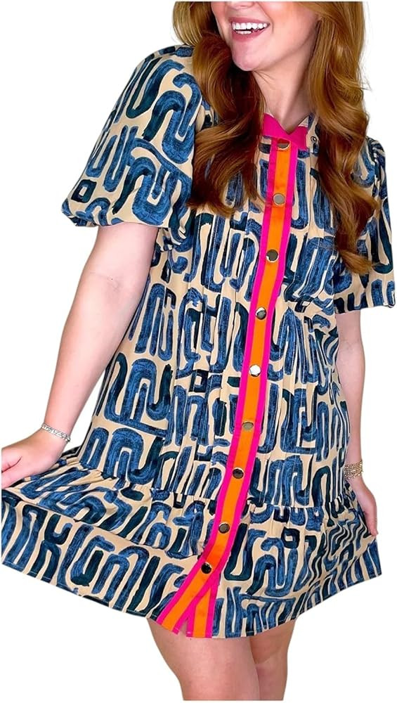 Beige Abstract Print Bubble Sleeve Button up Mini Dress | Amazon (US)