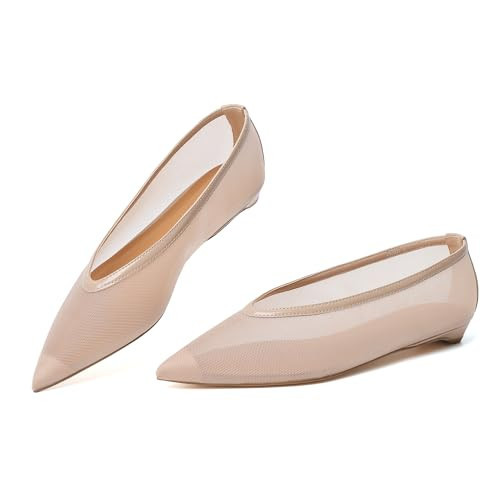 Reitoye Nude Mesh Flats for Womens Closed Pointed Toe Ballet Flat Comfortable Dressy Work Slip On Casual Shoes Womens Flats Size 9.5 | Amazon (US)
