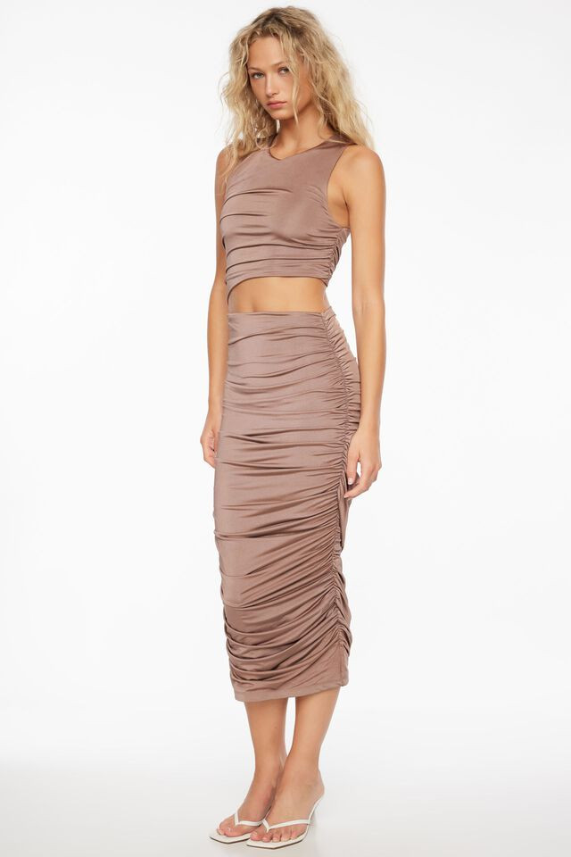 Cut Out Ruched Midi Dress | Dynamite Clothing