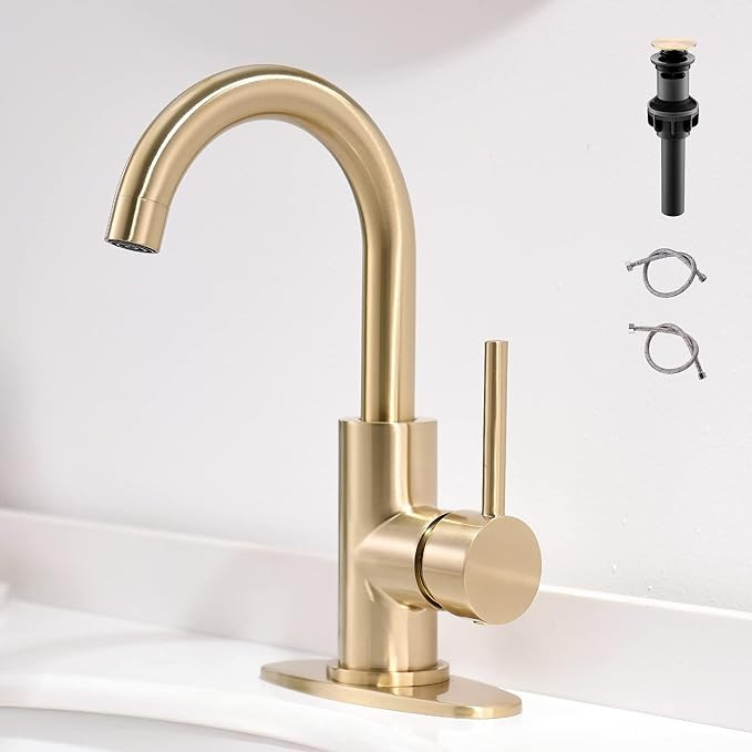 Gold Bathroom Faucets with Pop-Up Drain, Modern Single Hole Bathroom Sink Faucet with Deck Plate ... | Amazon (US)
