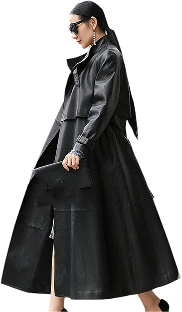 Women Black Long Leather Trench, Belt Raglan Sleeve Spring Autumn Faux Leather Coat Plus Size | Amazon (US)