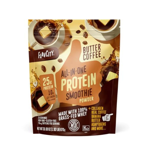 FlavCity Grass Fed Whey Protein Powder - Butter Coffee - 25g Protein, 10g Collagen & 55mg Caffeine - Made with Organic Reishi & Cordyceps - Gluten Free & No Added Sugars (20 Servings) | Amazon (US)