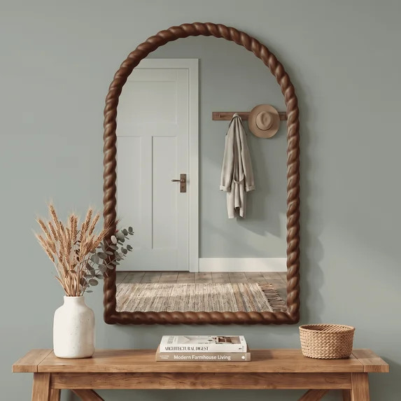 SANGNI 36" x 24" Arched Wall Mirror, Rustic Walnut Solid Wood Rope Carved Frame, Farmhouse Decor | Walmart (US)