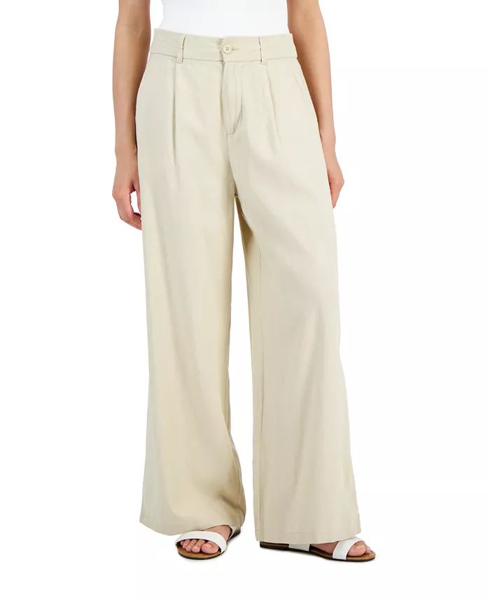 Juniors' High-Rise Linen Wide-Leg Pleat-Front Trouser Pants | Macy's