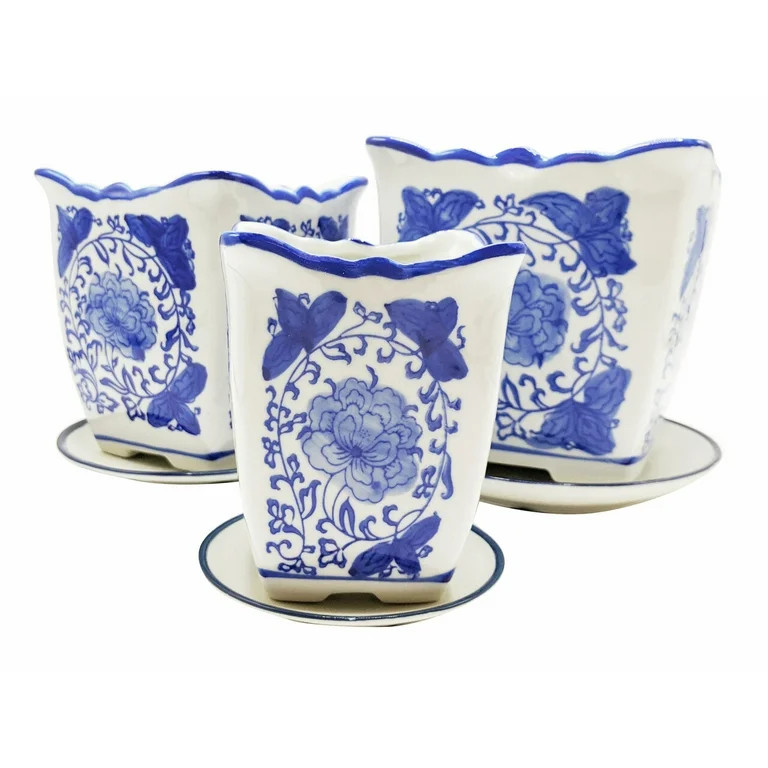Blue and White Painted Three Piece Porcelain Planter Set - Oriental Furniture Warehouse | Walmart (US)