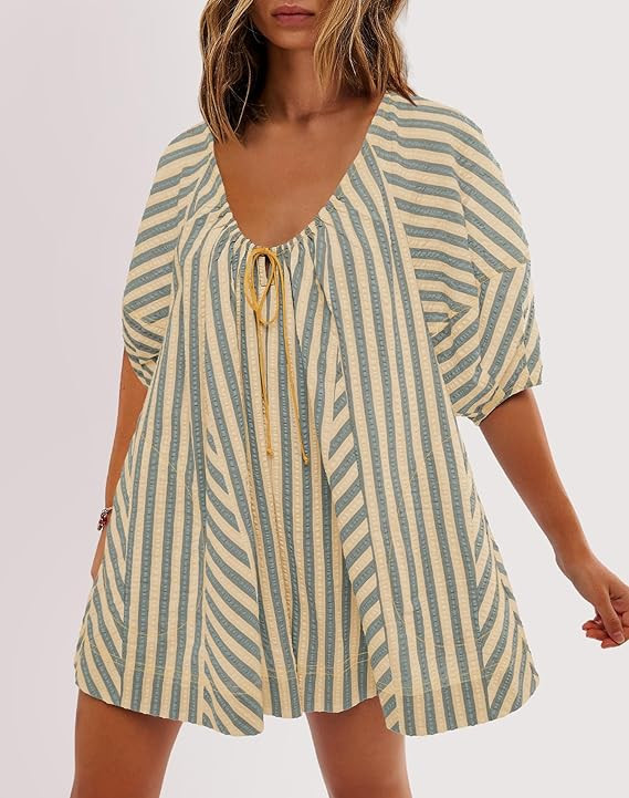 SENSERISE Womens Striped Romper Puff Sleeve Mini Shorts Romper Dress Beach Vacation Outfits with ... | Amazon (US)