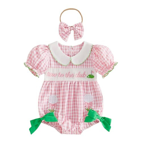 Socutebabe Baby Girl Golf Clothes Newborn Bubble Romper Short Sleeve Smocked Bodysuit Cute One Piece Outfit Baby Golf Outfits (Golf -Pink, 6-12 Months) | Amazon (US)