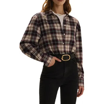 Favorite Daughter The Boyfriend Plaid Cotton Shirt in Midnight Cream Pla at Nordstrom, Size Small | Nordstrom