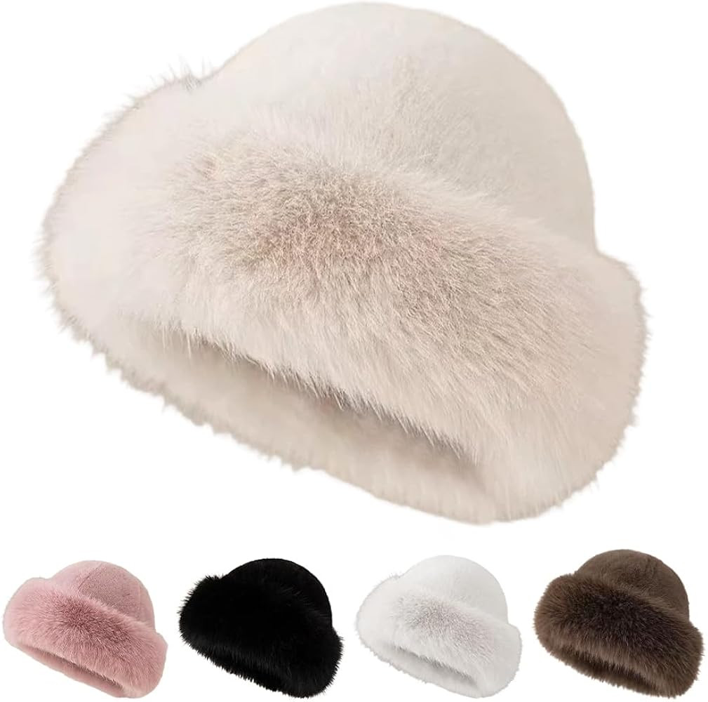 Womens Winter Faux Fur Bucket Hat, 2025 New Warm Plush Fluffy Furry Mink Hats Thick Fisherman Cap... | Amazon (US)