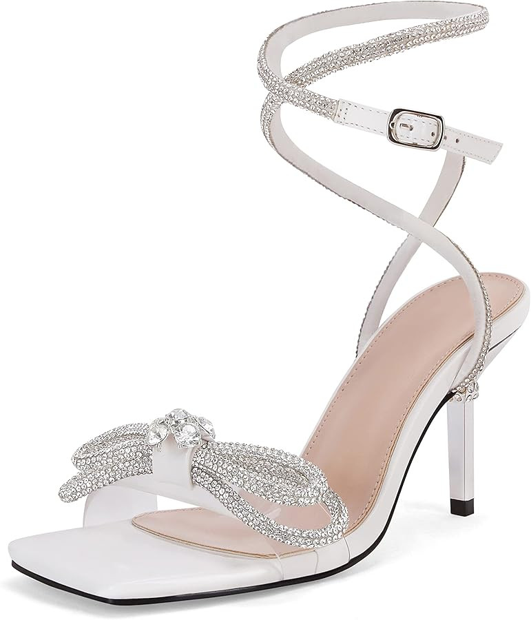 Coutgo Womens Rhinestone Bow Heels Sandals Strappy Lace Up Stiletto Satin Pumps Wedding Dress Sho... | Amazon (US)