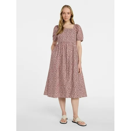Time and Tru Women s and Women s Plus Cotton Back Tie Midi Dress with Short Puff Sleeves Sizes XS-4X | Walmart (US)