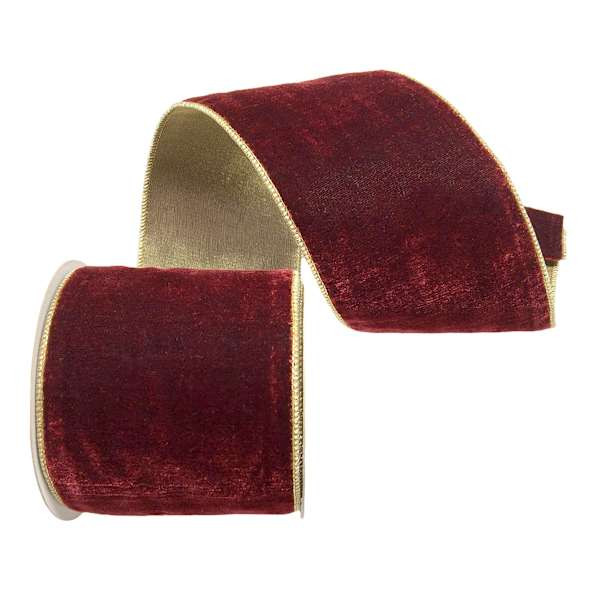 Classic Christmas 4" Burgundy Velvet With Gold Back Ribbon, 5Yd, Red, sold by At Home | At Home