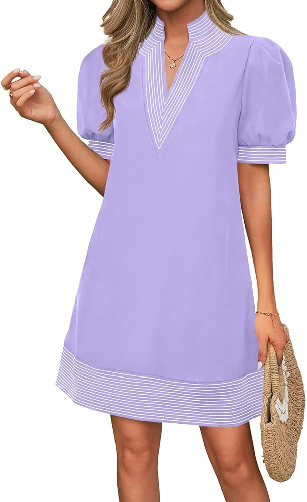 Wenrine Womens Summer V Neck Shift Dresses Casual Puff Short Sleeve Color Block Short Boho Beach ... | Amazon (US)