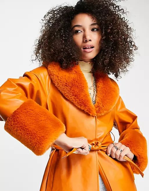 Reclaimed Vintage inspired faux leather mac with faux fur trim in bright orange | ASOS (Global)