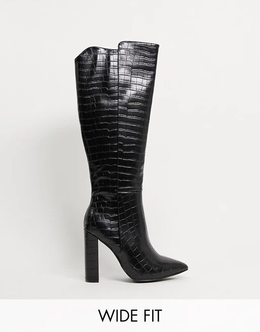 Glamorous Wide Fit over the knee boots in black croc | ASOS (Global)