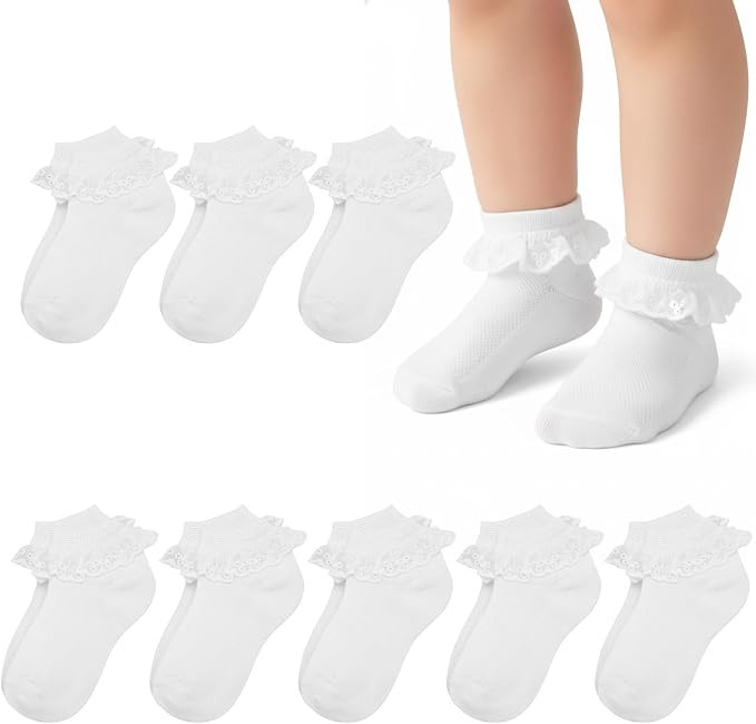 8 Pairs Toddler Girls Ruffle Socks Cute White Lace Trim Frilly Ankle Cotton Socks for Girls Kids | Amazon (US)