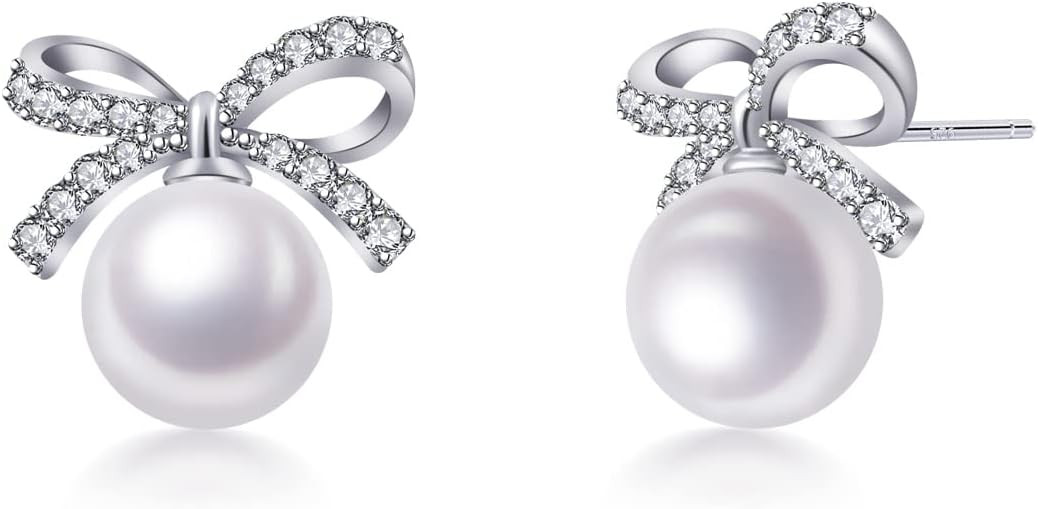PHNIBIRD Silver Bow Earrings with Pearl and Rhinestone Cute Pearl Bow Earrings for Women Trendy Earring Gift for Women | Amazon (US)
