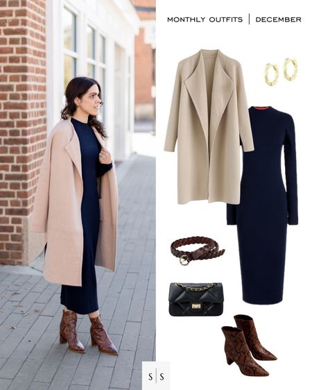 Monthly outfit planner : DECEMBER looks IRL vs. graphic | #sweaterdress #coatigan #snakeleatherboot #chicwish #classicstyle #winteroutfit | See entire calendar on thesarahstories.com  ✨

#LTKstyletip